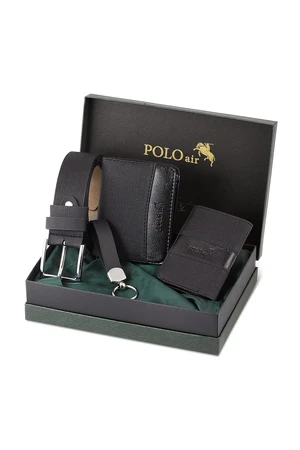 Polo Air Belt, Wallet, Card Holder, Keychain, Black Set in a Gift Box