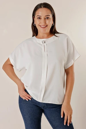 By Saygı Plus Size Chiffon blouse with a brooch collar and a fly down the front. Short Bat Sleeves.