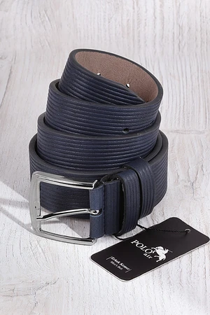 Polo Air Men's Leather Belt with Stripe Pattern, Navy Blue.