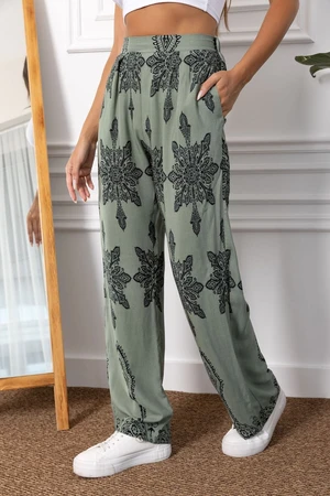 armonika Women's Green Patterned Wide Leg Palazzo Trousers