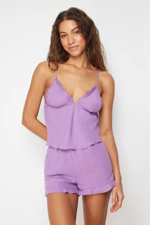 Trendyol Purple Lace and Ruffle Detailed Rope Strap Woven Pajama Set