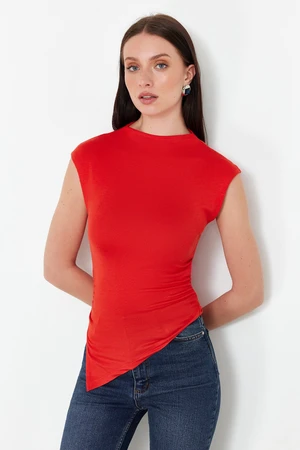 Trendyol Red High Neck Short Sleeve Gathered/Drape Detail Asymmetric Knitted Blouse