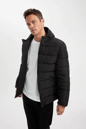 DEFACTO Men's Black Water Repellent Slim Fit Slim Cut Hooded Zippered Pocket Lined Puffer Jacket