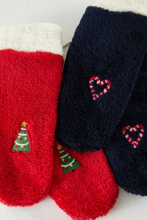 Trendyol Red-Navy 2-Pack New Year Themed Embroidered Terry Knitted Socks