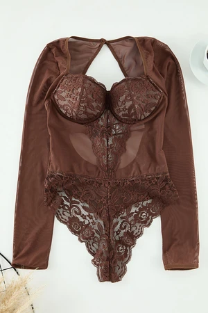 Trendyol Brown Lace Cut Out/Window Detail Covered Knit Bodysuit