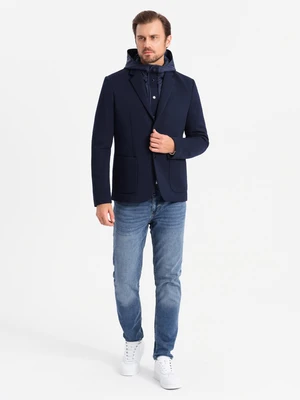 Ombre Men's jacket with hooded lining and high collar - navy blue