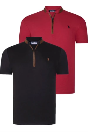 DUAL SET T8571 DEWBERRY ZIPPER MEN'S T-SHIRT-BLACK-BURGUNDY