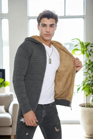 14455 Dewberry Furry Hooded Mens Sports Slim Fit Cardigan-GREY