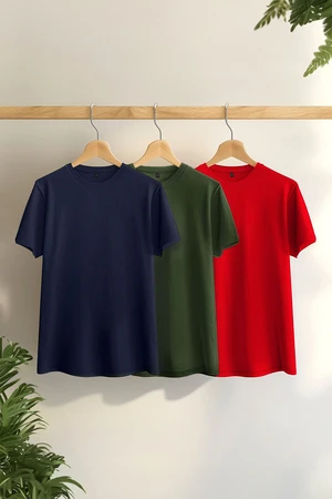 Trendyol Dark Navy Blue-Khaki-Red Basic Slim/Slim Fit 100% Cotton 3 Pack T-Shirt