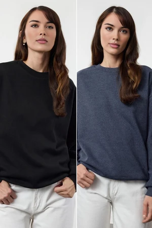 Trendyol Black-Indigo Oversize/Wide Pattern Crew Neck Thick Polar Fleece Knitted Sweatshirt