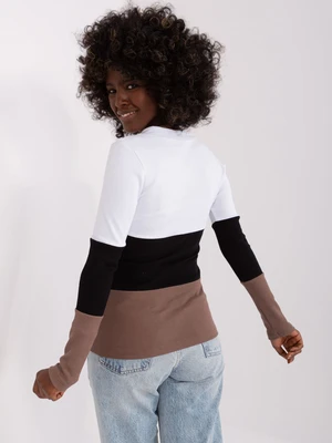 Ecru-brown basic blouse with long sleeves