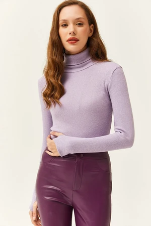 Olalook Women's Lilac Turtleneck Finger Detailed Lycra Blouse