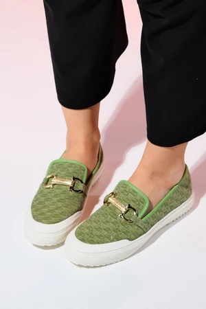 LuviShoes MARRAKESH Green Denim Buckled Women's Loafer Shoes