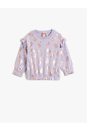 Koton Shiny Unicorn Printed Sweat Ruffle Detailed Long Sleeve Cuffs and Elastic Waist