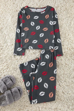 Trendyol Anthracite 100% Cotton Lip Patterned Knitted Pajama Set