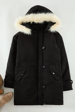 Trendyol Curve Black Fur Hooded Parka & Coat