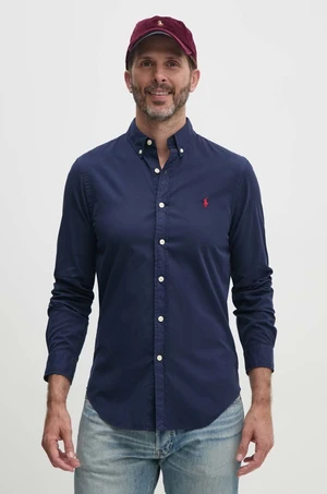 Bavlněná košile Polo Ralph Lauren tmavomodrá barva, slim, s límečkem button-down