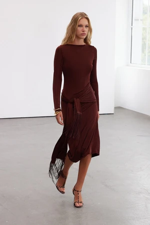 Trendyol Limited Edition Brown Tassel Detailed Buzzy Stretch Midi Knitted Dress