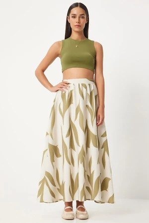 Happiness İstanbul Women's Cream Oil Green Patterned Maxi Skirt