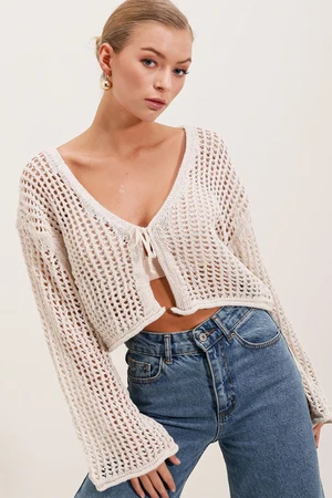 Bigdart 15852 Openwork/Holes Oversize Crop Cardigan - Stone