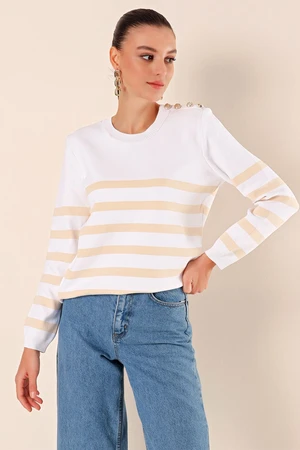 Bigdart 15820 Button Detail Striped Sweater - C. Beige