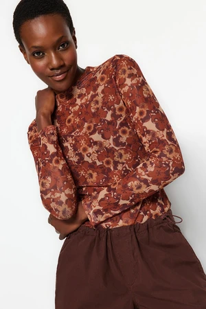 Trendyol Brown High Neck Printed Fitted/Situated Tulle Knitted Blouse