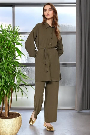 Trendyol Khaki Belt Woven Aerobin Shirt-Pants Set