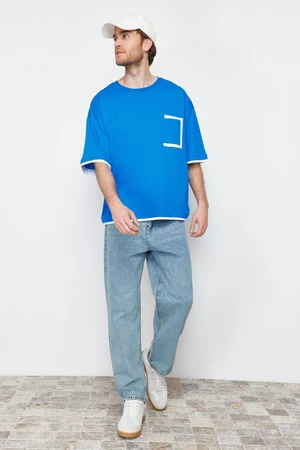 Trendyol Blue Oversize Pocket Color Blocked 100% Cotton T-Shirt