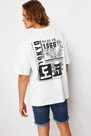 Trendyol Ecru Oversize/Wide Cut Far East Printed Short Sleeve 100% T-Shirt