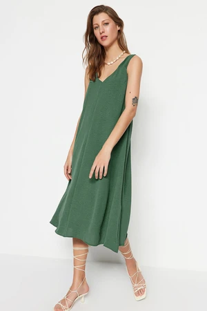 Trendyol Khaki Relaxed Cut V Neck Midi Woven Dress