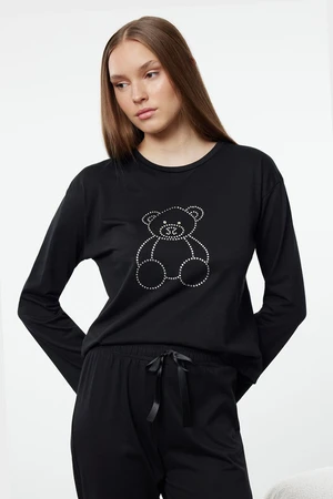 Trendyol Black Cotton Teddy Bear Stone Printed Knitted Pajama Set