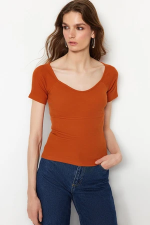 Trendyol Cinnamon Fitted Cotton Stretch Knitted Blouse