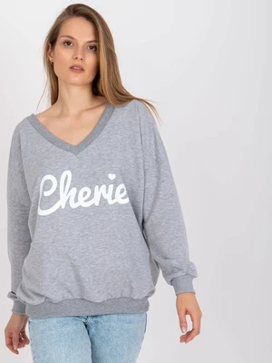 Gray-white oversized sweatshirt with print and V-neck