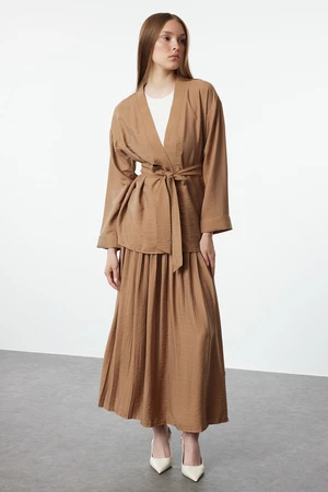 Trendyol Camel Belted Kimono-Pleated Skirt Woven Bottom-Top Set