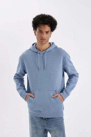 DEFACTO Blue Pocket Regular Fit Hooded Soft Furry Basic Plain Sweatshirt