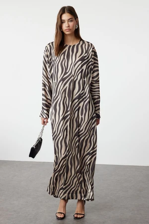 Trendyol Beige Crinkle Knitted Animal Zebra Patterned Dress