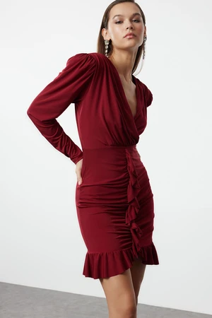 Trendyol Burgundy Fitted Lined Flounce Knitted Short Elegant Evening Dress