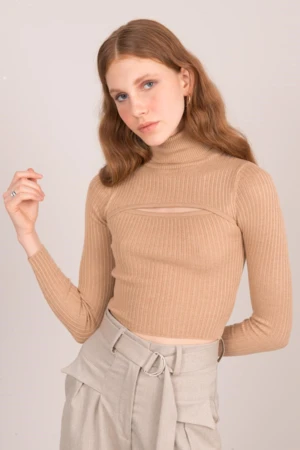 BSL Camel ribbed turtleneck with cut-out