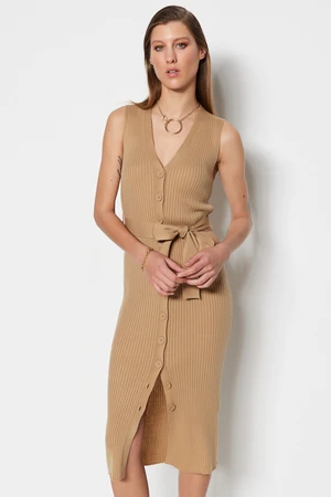 Trendyol Camel Belt Detailed Midi Knitwear Dress