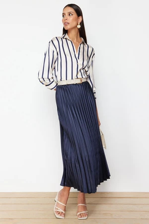 Trendyol Navy Blue Pleated Satin Fabric Maxi Length Woven Skirt