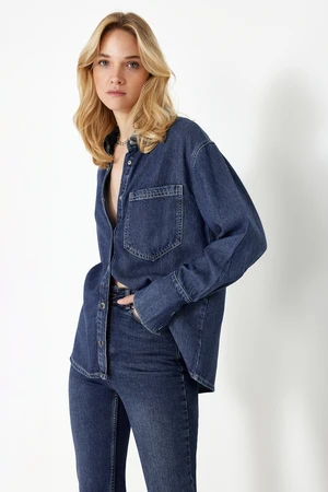 Trendyol Dark Blue Lyocell Oversize Denim Shirt