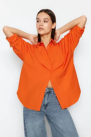 Trendyol Orange Cotton Oversize Wide Fit Woven Shirt