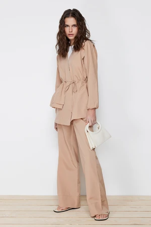 Trendyol Beige Cotton Woven Kimono Trousers Top and Bottom Set