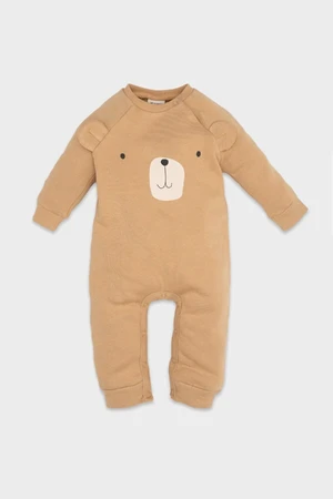 DEFACTO Baby Boy Newborn Beige Buttoned Snap Animal Patterned Long Sleeve Jumpsuit