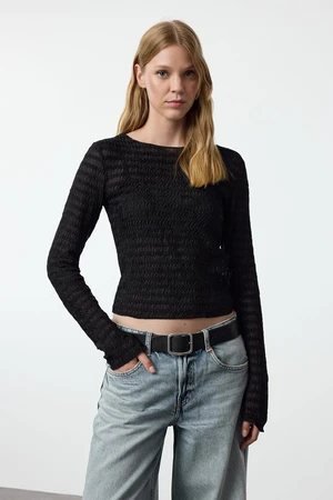 Trendyol Black Fitted Textured Tulle Stretchy Knitted Blouse