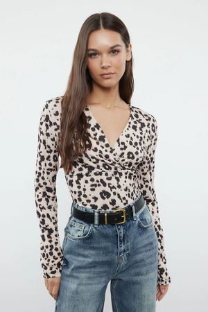 Trendyol Brown Leopard Patterned Double Breasted Closure Fitted Stretchy Knitted Bodysuit