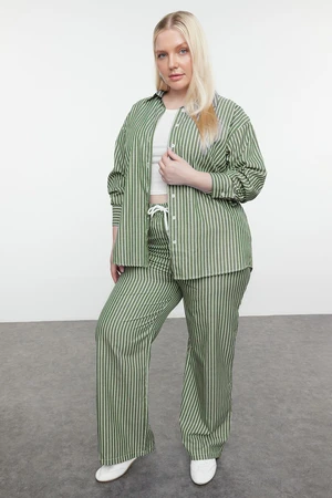 Trendyol Curve Khaki-White Flexible Waist Striped Woven Plus Size Shirt-Pants Bottom-Top Set