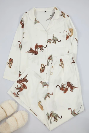 Trendyol Curve Ecru Tiger Pattern Shirt Collar Woven Pajama Set