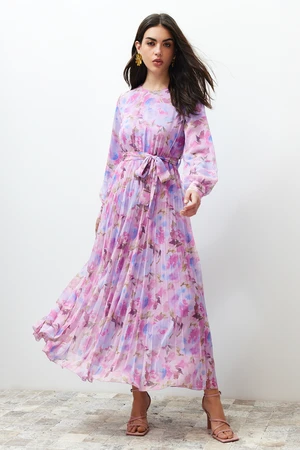 Trendyol Pink Floral Sash Detailed Lined Pleated Chiffon Woven Dress