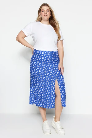 Trendyol Curve Blue Floral Patterned Slit Unlined Midi/Mid Length Viscose Woven Skirt